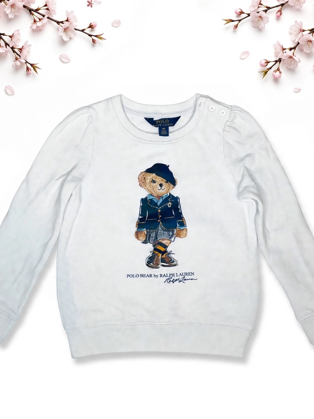Ralph Lauren White Polo Bear Long Sleeve Sweatshirt with Navy Accent
